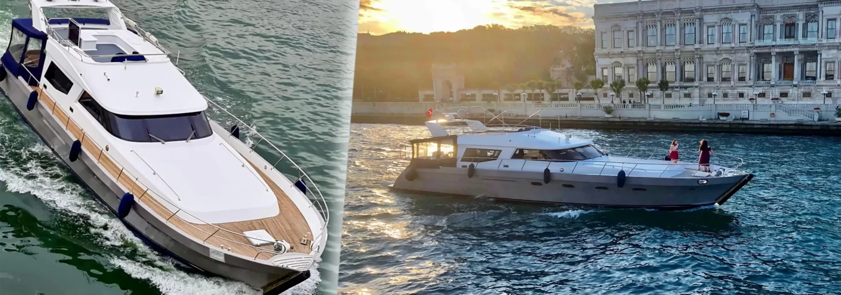 Two views of a private yacht cruising on the Bosphorus beside an Istanbul waterfront palace
