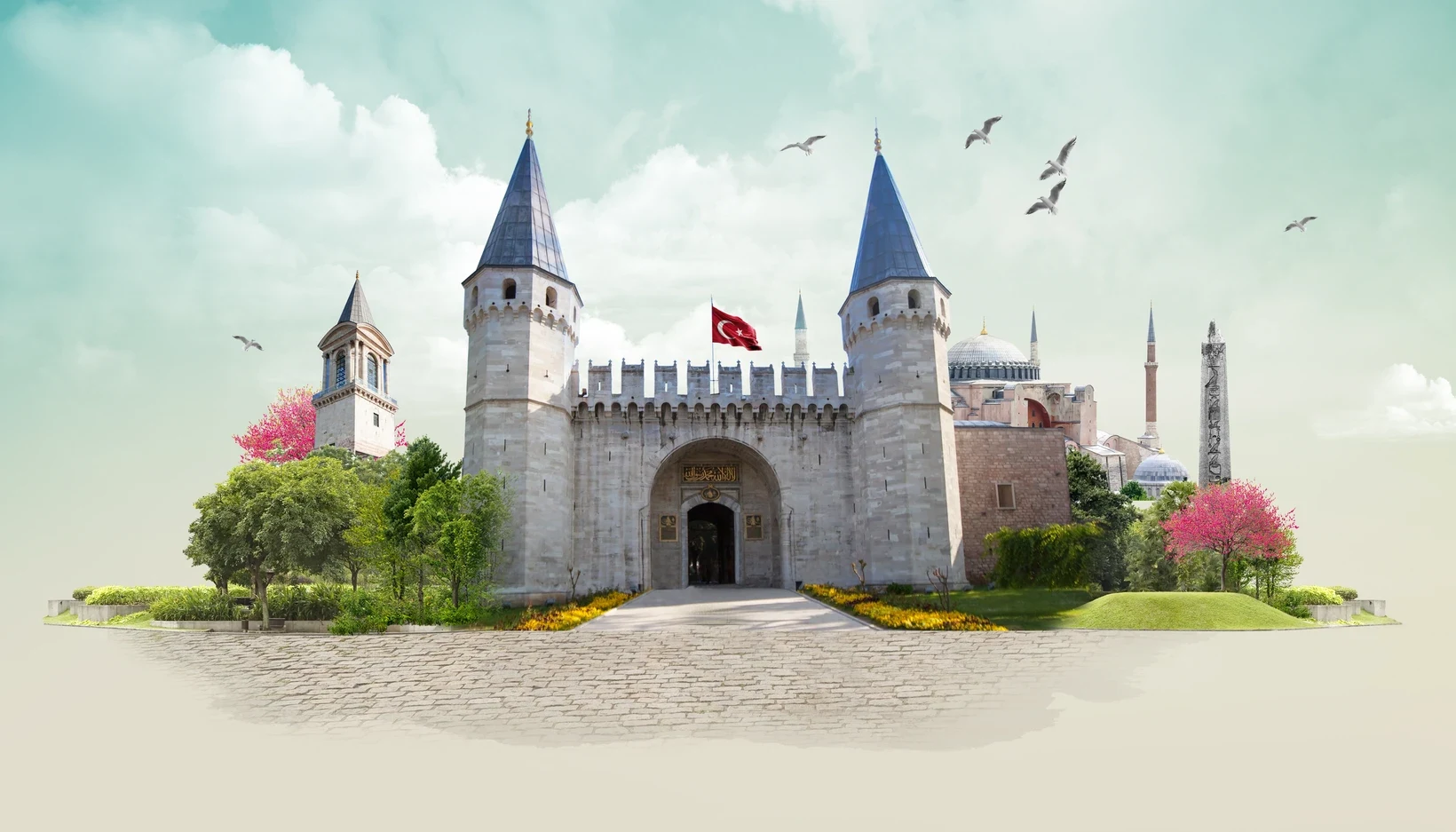 Istanbul landmark composition featuring Topkapi Palace and Hagia Sophia