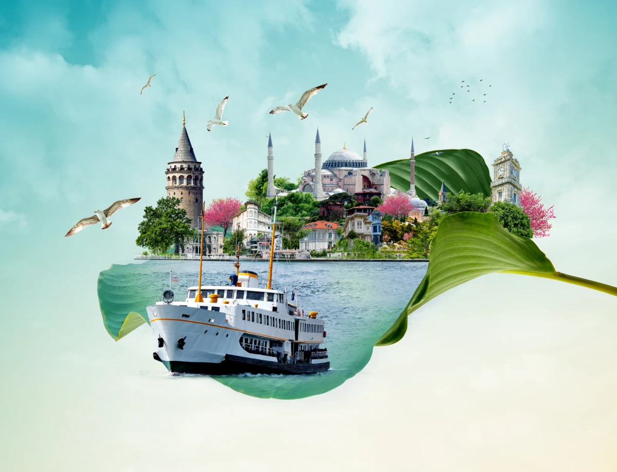 Istanbul landmarks and a Bosphorus ferry arranged within a green leaf
